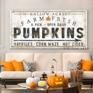 Farm Fresh Pumpkins Sign handmade by ToeFishArt. Original, custom, personalized wall decor signs. Canvas, Wood or Metal. Rustic modern farmhouse, cottagecore, vintage, retro, industrial, Americana, primitive, country, coastal, minimalist.