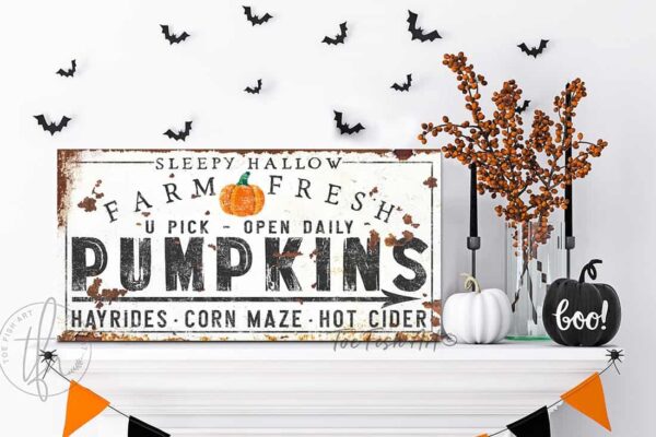 Farm Fresh Pumpkins Sign handmade by ToeFishArt. Original, custom, personalized wall decor signs. Canvas, Wood or Metal. Rustic modern farmhouse, cottagecore, vintage, retro, industrial, Americana, primitive, country, coastal, minimalist.