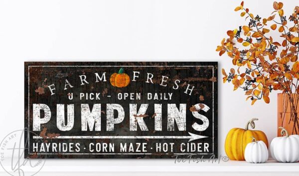 Farm Fresh Pumpkins Sign Hayrides Corn Maze Hot Cider handmade by ToeFishArt. Original, custom, personalized wall decor signs. Canvas, Wood or Metal. Rustic modern farmhouse, cottagecore, vintage, retro, industrial, Americana, primitive, country, coastal, minimalist.