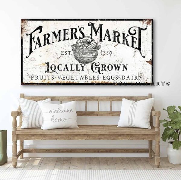 Farmer's Market Sign handmade by ToeFishArt. Original, custom, personalized wall decor signs. Canvas, Wood or Metal. Rustic modern farmhouse, cottagecore, vintage, retro, industrial, Americana, primitive, country, coastal, minimalist.