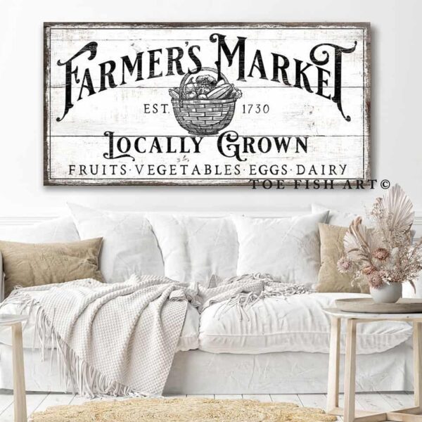 Farmer's Market Sign handmade by ToeFishArt. Original, custom, personalized wall decor signs. Canvas, Wood or Metal. Rustic modern farmhouse, cottagecore, vintage, retro, industrial, Americana, primitive, country, coastal, minimalist.