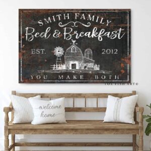 Farmhouse Bed & Breakfast Sign handmade by ToeFishArt. Original, custom, personalized wall decor signs. Canvas, Wood or Metal. Rustic modern farmhouse, cottagecore, vintage, retro, industrial, Americana, primitive, country, coastal, minimalist.