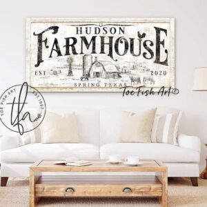 Farmhouse Family Sign handmade by ToeFishArt. Original, custom, personalized wall decor signs. Canvas, Wood or Metal. Rustic modern farmhouse, cottagecore, vintage, retro, industrial, Americana, primitive, country, coastal, minimalist.