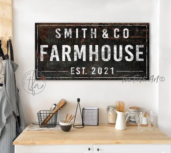 Farmhouse Sign handmade by ToeFishArt. Original, custom, personalized wall decor signs. Canvas, Wood or Metal. Rustic modern farmhouse, cottagecore, vintage, retro, industrial, Americana, primitive, country, coastal, minimalist.
