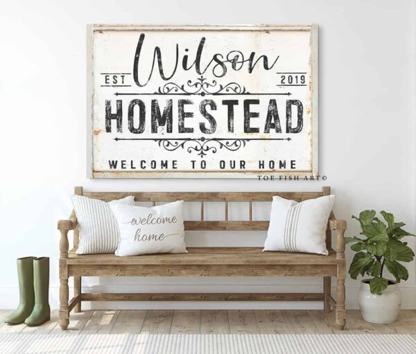 Farmstead Welcome To Our Home Sign handmade by ToeFishArt. Original, custom, personalized wall decor signs. Canvas, Wood or Metal. Rustic modern farmhouse, cottagecore, vintage, retro, industrial, Americana, primitive, country, coastal, minimalist.