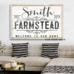 Farmstead Welcome To Our Home Sign handmade by ToeFishArt. Original, custom, personalized wall decor signs. Canvas, Wood or Metal. Rustic modern farmhouse, cottagecore, vintage, retro, industrial, Americana, primitive, country, coastal, minimalist.