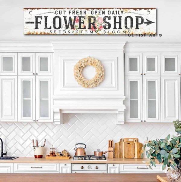 Flower Shop Sign handmade by ToeFishArt. Original, custom, personalized wall decor signs. Canvas, Wood or Metal. Rustic modern farmhouse, cottagecore, vintage, retro, industrial, Americana, primitive, country, coastal, minimalist.