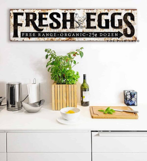 Fresh Eggs Sign Vintage Rustic Style Free Range Organic handmade by ToeFishArt. Original, custom, personalized wall decor signs. Canvas, Wood or Metal. Rustic modern farmhouse, cottagecore, vintage, retro, industrial, Americana, primitive, country, coastal, minimalist.