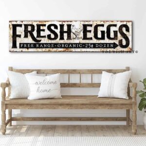 Fresh Eggs Sign Vintage Rustic Style Free Range Organic handmade by ToeFishArt. Original, custom, personalized wall decor signs. Canvas, Wood or Metal. Rustic modern farmhouse, cottagecore, vintage, retro, industrial, Americana, primitive, country, coastal, minimalist.