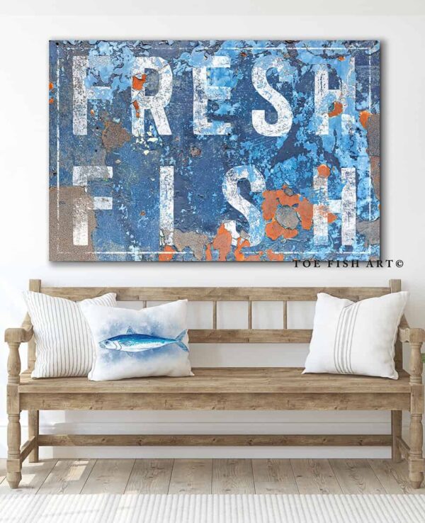 Fresh Fish Sign handmade by ToeFishArt. Original, custom, personalized wall decor signs. Canvas, Wood or Metal. Rustic modern farmhouse, cottagecore, vintage, retro, industrial, Americana, primitive, country, coastal, minimalist.