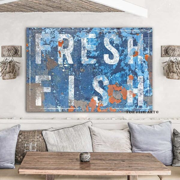 Fresh Fish Sign handmade by ToeFishArt. Original, custom, personalized wall decor signs. Canvas, Wood or Metal. Rustic modern farmhouse, cottagecore, vintage, retro, industrial, Americana, primitive, country, coastal, minimalist.