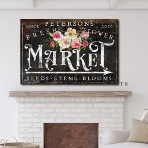 Fresh Flower Market Sign handmade by ToeFishArt. Original, custom, personalized wall decor signs. Canvas, Wood or Metal. Rustic modern farmhouse, cottagecore, vintage, retro, industrial, Americana, primitive, country, coastal, minimalist.