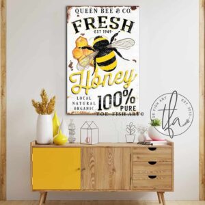 Fresh Honey Sign handmade by ToeFishArt. Original, custom, personalized wall decor signs. Canvas, Wood or Metal. Rustic modern farmhouse, cottagecore, vintage, retro, industrial, Americana, primitive, country, coastal, minimalist.