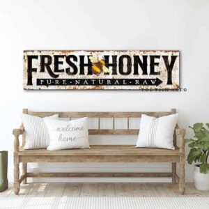 Fresh Honey Sign Vintage Rustic Style Pure Natural Raw Honey Bee handmade by ToeFishArt. Original, custom, personalized wall decor signs. Canvas, Wood or Metal. Rustic modern farmhouse, cottagecore, vintage, retro, industrial, Americana, primitive, country, coastal, minimalist.