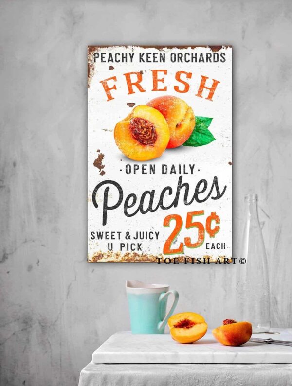 Fresh Peaches Sign handmade by ToeFishArt. Original, custom, personalized wall decor signs. Canvas, Wood or Metal. Rustic modern farmhouse, cottagecore, vintage, retro, industrial, Americana, primitive, country, coastal, minimalist.