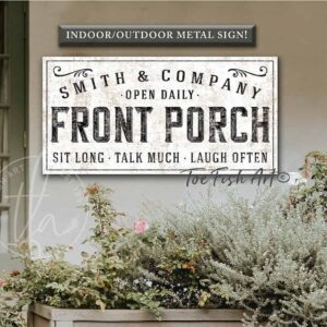 Front Porch Personalized Family Name Sign handmade by ToeFishArt. Original, custom, personalized wall decor signs. Canvas, Wood or Metal. Rustic modern farmhouse, cottagecore, vintage, retro, industrial, Americana, primitive, country, coastal, minimalist.