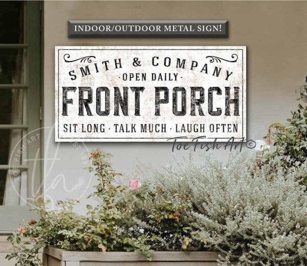 Front Porch Personalized Family Name Sign handmade by ToeFishArt. Original, custom, personalized wall decor signs. Canvas, Wood or Metal. Rustic modern farmhouse, cottagecore, vintage, retro, industrial, Americana, primitive, country, coastal, minimalist.