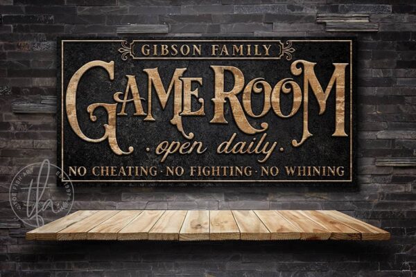 Game Room Sign handmade by ToeFishArt. Original, custom, personalized wall decor signs. Canvas, Wood or Metal. Rustic modern farmhouse, cottagecore, vintage, retro, industrial, Americana, primitive, country, coastal, minimalist.