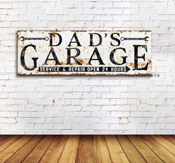 Garage Sign handmade by ToeFishArt. Original, custom, personalized wall decor signs. Canvas, Wood or Metal. Rustic modern farmhouse, cottagecore, vintage, retro, industrial, Americana, primitive, country, coastal, minimalist.