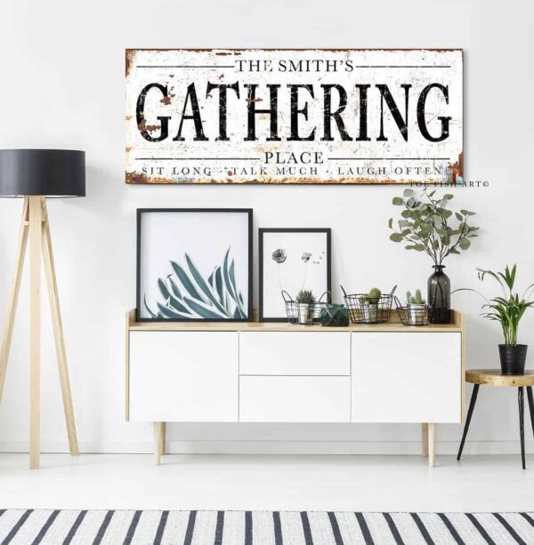 Gathering Place Sign handmade by ToeFishArt. Original, custom, personalized wall decor signs. Canvas, Wood or Metal. Rustic modern farmhouse, cottagecore, vintage, retro, industrial, Americana, primitive, country, coastal, minimalist.