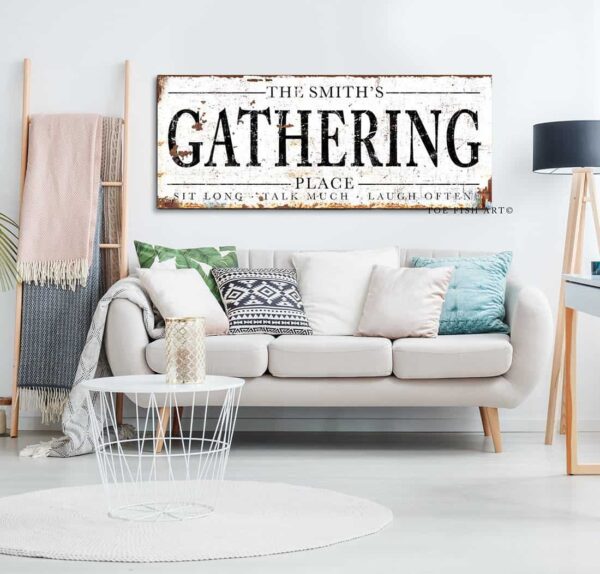 Gathering Place Sign handmade by ToeFishArt. Original, custom, personalized wall decor signs. Canvas, Wood or Metal. Rustic modern farmhouse, cottagecore, vintage, retro, industrial, Americana, primitive, country, coastal, minimalist.