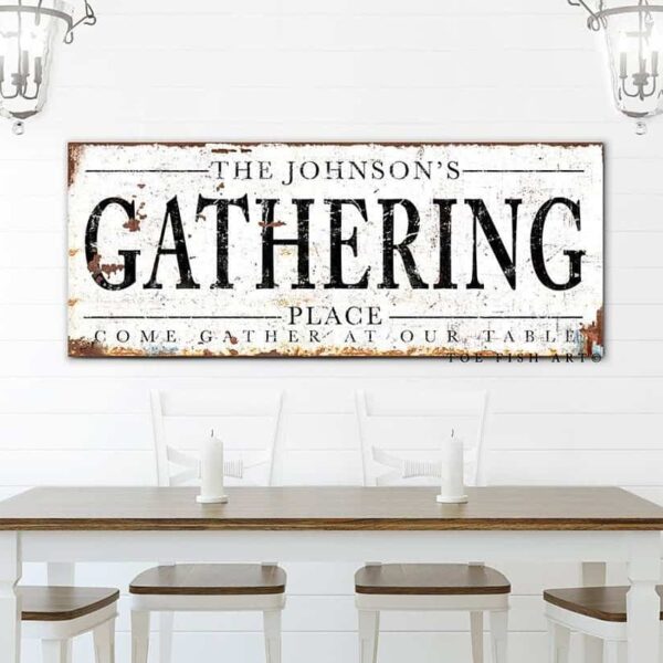 Gathering Place Sign handmade by ToeFishArt. Original, custom, personalized wall decor signs. Canvas, Wood or Metal. Rustic modern farmhouse, cottagecore, vintage, retro, industrial, Americana, primitive, country, coastal, minimalist.