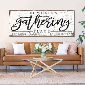 Gathering Place Sign handmade by ToeFishArt. Original, custom, personalized wall decor signs. Canvas, Wood or Metal. Rustic modern farmhouse, cottagecore, vintage, retro, industrial, Americana, primitive, country, coastal, minimalist.