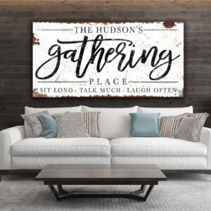 Gathering Place Sign handmade by ToeFishArt. Original, custom, personalized wall decor signs. Canvas, Wood or Metal. Rustic modern farmhouse, cottagecore, vintage, retro, industrial, Americana, primitive, country, coastal, minimalist.