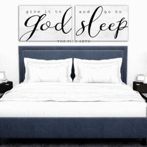 Give It To God And Go To Sleep Sign handmade by ToeFishArt. Original, custom, personalized wall decor signs. Canvas, Wood or Metal. Rustic modern farmhouse, cottagecore, vintage, retro, industrial, Americana, primitive, country, coastal, minimalist.