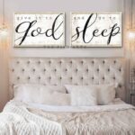 Give It To God And Go To Sleep Sign handmade by ToeFishArt. Original, custom, personalized wall decor signs. Canvas, Wood or Metal. Rustic modern farmhouse, cottagecore, vintage, retro, industrial, Americana, primitive, country, coastal, minimalist.