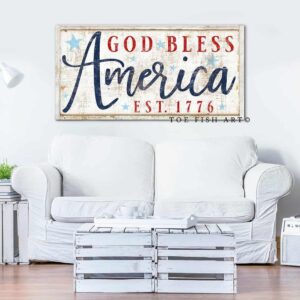 God Bless America Sign handmade by ToeFishArt. Original, custom, personalized wall decor signs. Canvas, Wood or Metal. Rustic modern farmhouse, cottagecore, vintage, retro, industrial, Americana, primitive, country, coastal, minimalist.