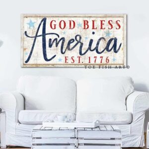 God Bless America Sign handmade by ToeFishArt. Original, custom, personalized wall decor signs. Canvas, Wood or Metal. Rustic modern farmhouse, cottagecore, vintage, retro, industrial, Americana, primitive, country, coastal, minimalist.