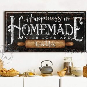 Happiness is Homemade Sign handmade by ToeFishArt. Original, custom, personalized wall decor signs. Canvas, Wood or Metal. Rustic modern farmhouse, cottagecore, vintage, retro, industrial, Americana, primitive, country, coastal, minimalist.