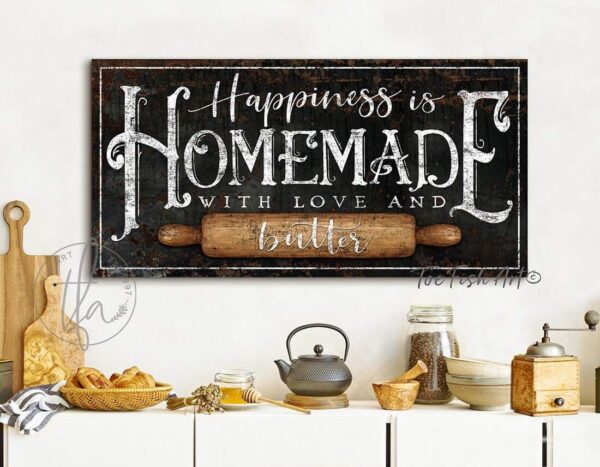 Happiness is Homemade Sign handmade by ToeFishArt. Original, custom, personalized wall decor signs. Canvas, Wood or Metal. Rustic modern farmhouse, cottagecore, vintage, retro, industrial, Americana, primitive, country, coastal, minimalist.