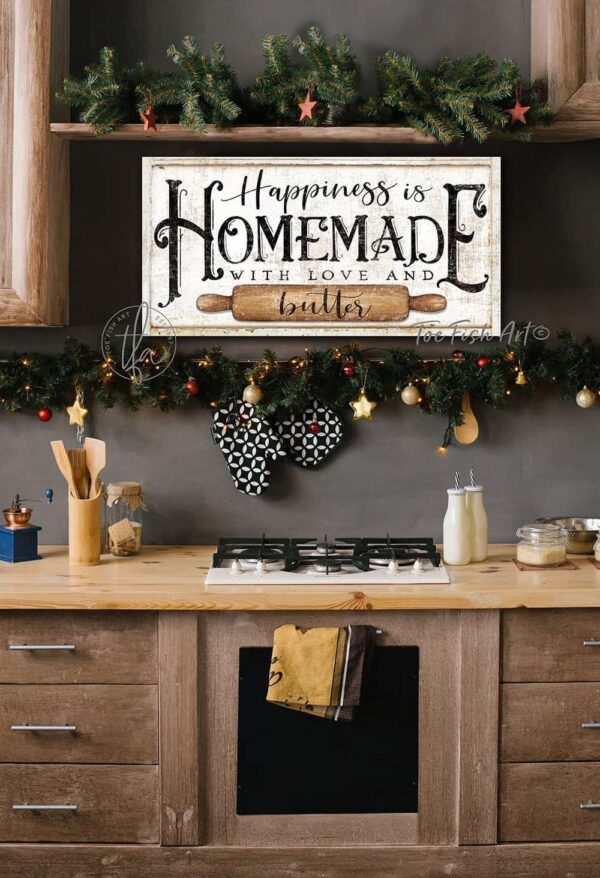 Happiness is Homemade with Love and Butter Sign handmade by ToeFishArt. Original, custom, personalized wall decor signs. Canvas, Wood or Metal. Rustic modern farmhouse, cottagecore, vintage, retro, industrial, Americana, primitive, country, coastal, minimalist.