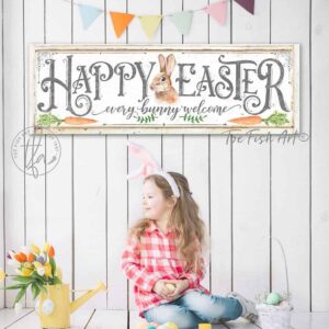 Happy Easter Sign handmade by ToeFishArt. Original, custom, personalized wall decor signs. Canvas, Wood or Metal. Rustic modern farmhouse, cottagecore, vintage, retro, industrial, Americana, primitive, country, coastal, minimalist.