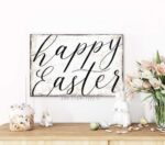 Happy Easter Sign handmade by ToeFishArt. Original, custom, personalized wall decor signs. Canvas, Wood or Metal. Rustic modern farmhouse, cottagecore, vintage, retro, industrial, Americana, primitive, country, coastal, minimalist.