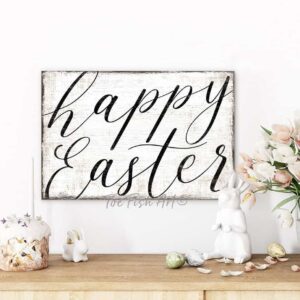 Happy Easter Sign handmade by ToeFishArt. Original, custom, personalized wall decor signs. Canvas, Wood or Metal. Rustic modern farmhouse, cottagecore, vintage, retro, industrial, Americana, primitive, country, coastal, minimalist.