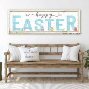 Happy Easter Sign handmade by ToeFishArt. Original, custom, personalized wall decor signs. Canvas, Wood or Metal. Rustic modern farmhouse, cottagecore, vintage, retro, industrial, Americana, primitive, country, coastal, minimalist.