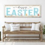Happy Easter Sign handmade by ToeFishArt. Original, custom, personalized wall decor signs. Canvas, Wood or Metal. Rustic modern farmhouse, cottagecore, vintage, retro, industrial, Americana, primitive, country, coastal, minimalist.