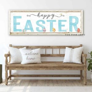 Happy Easter Sign handmade by ToeFishArt. Original, custom, personalized wall decor signs. Canvas, Wood or Metal. Rustic modern farmhouse, cottagecore, vintage, retro, industrial, Americana, primitive, country, coastal, minimalist.