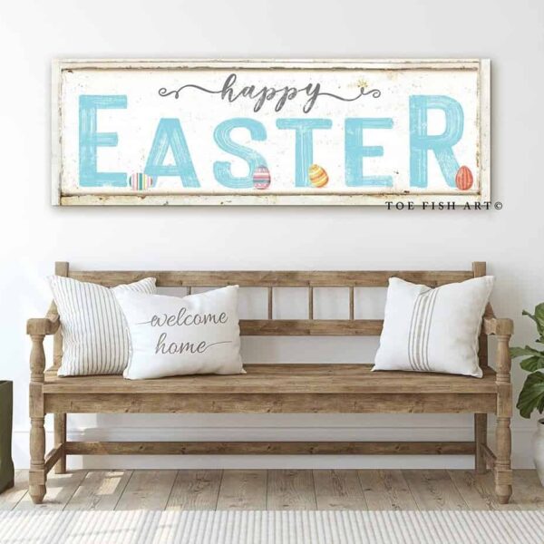 Happy Easter Sign handmade by ToeFishArt. Original, custom, personalized wall decor signs. Canvas, Wood or Metal. Rustic modern farmhouse, cottagecore, vintage, retro, industrial, Americana, primitive, country, coastal, minimalist.