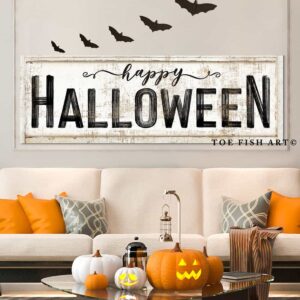 Happy Halloween Sign handmade by ToeFishArt. Original, custom, personalized wall decor signs. Canvas, Wood or Metal. Rustic modern farmhouse, cottagecore, vintage, retro, industrial, Americana, primitive, country, coastal, minimalist.