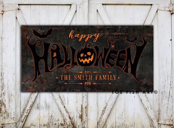 Happy Halloween Sign handmade by ToeFishArt. Original, custom, personalized wall decor signs. Canvas, Wood or Metal. Rustic modern farmhouse, cottagecore, vintage, retro, industrial, Americana, primitive, country, coastal, minimalist.