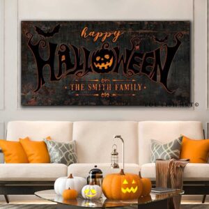 Happy Halloween Sign handmade by ToeFishArt. Original, custom, personalized wall decor signs. Canvas, Wood or Metal. Rustic modern farmhouse, cottagecore, vintage, retro, industrial, Americana, primitive, country, coastal, minimalist.