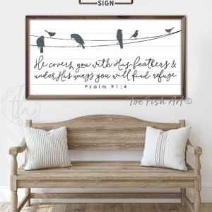 He Covers You With His Feathers Sign handmade by ToeFishArt. Original, custom, personalized wall decor signs. Canvas, Wood or Metal. Rustic modern farmhouse, cottagecore, vintage, retro, industrial, Americana, primitive, country, coastal, minimalist. Bible Verse Sign