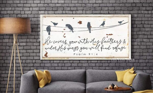 He Covers You With His Feathers Sign handmade by ToeFishArt. Original, custom, personalized wall decor signs. Canvas, Wood or Metal. Rustic modern farmhouse, cottagecore, vintage, retro, industrial, Americana, primitive, country, coastal, minimalist.