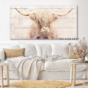 Highland Cow Sign handmade by ToeFishArt. Original, custom, personalized wall decor signs. Canvas, Wood or Metal. Rustic modern farmhouse, cottagecore, vintage, retro, industrial, Americana, primitive, country, coastal, minimalist.