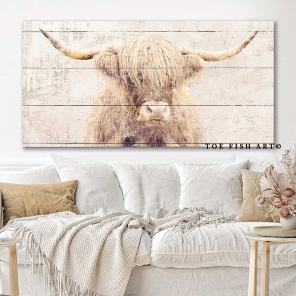 Highland Cow Sign handmade by ToeFishArt. Original, custom, personalized wall decor signs. Canvas, Wood or Metal. Rustic modern farmhouse, cottagecore, vintage, retro, industrial, Americana, primitive, country, coastal, minimalist.