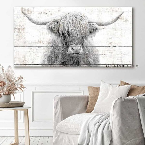 Highland Cow Sign handmade by ToeFishArt. Original, custom, personalized wall decor signs. Canvas, Wood or Metal. Rustic modern farmhouse, cottagecore, vintage, retro, industrial, Americana, primitive, country, coastal, minimalist.